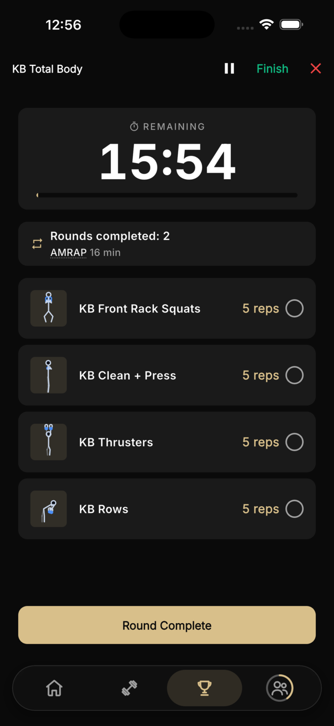 Rackd active workout screen — an AMRAP timer counting down, rounds completed, and the movements to tick off